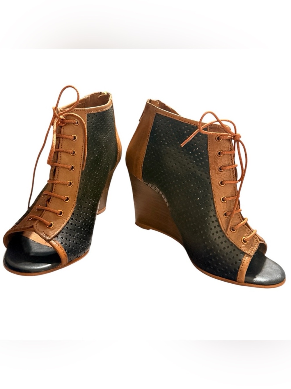 Perforated Leather Peep Toe Wedge Bootie‎ with Zipper Back in Black & Brown, 38